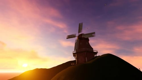 Sunset And Windmill