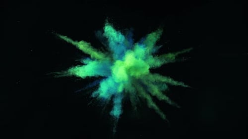 Buntes Pulver/Partikel fliegen, nachdem sie vor schwarzem Hintergrund explodiert wurden. Zeitlupe.