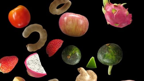 Vegetables And Fruits Fall Down With Alpha Channel