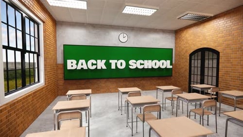 Leeres Klassenzimmer zum Lehren und Lernen. 3D-Darstellung des Innenraums. Corona-Pandemie-Krise aus nächster Nähe, Ansicht