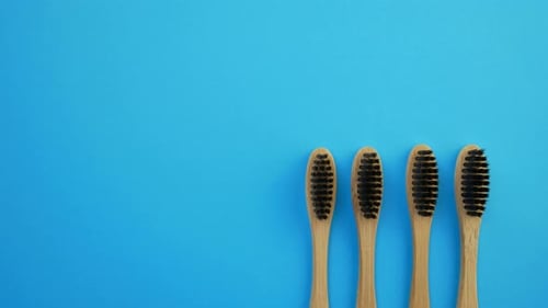 Toothbrushes with Black and Rainbow Bristles on Blue