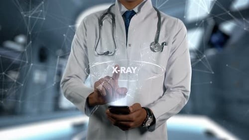 Futuristic Medical Text Reveal: Doctor Interacting with X-RAY on Phone