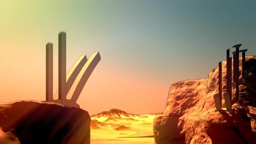 Animación conceptual de la construcción de un puente que se extiende sobre dos colinas opuestas.
HD