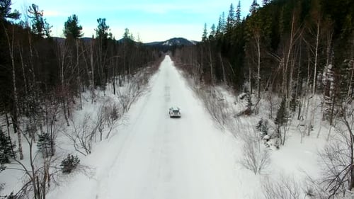 Car Rides By Road in Snow-covered Forest