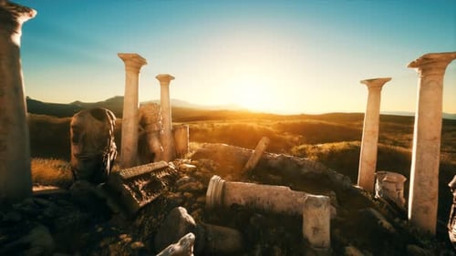 Ruines du vieux temple romain au coucher du soleil