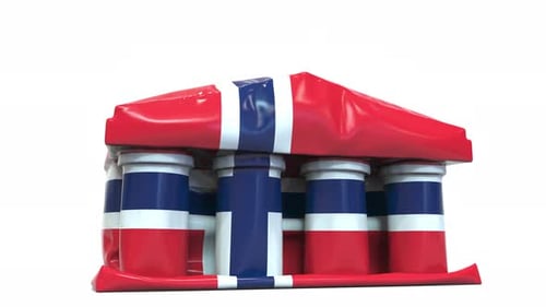 Deflating Inflatable Bank Building with Flag of Norway