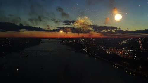 Aerial Colorful Fireworks in Night City Sky Bright Holidays Celebrate New Year