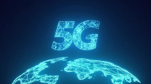 Futuristic 5G Text Reveal with Rotating Digital Globe