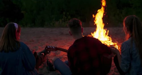 Friends Relaxing by Campfire on Beach at Night