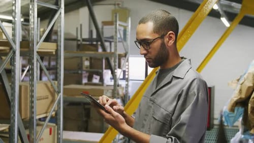 Afroamerikanischer Automechaniker steht in einem Lagerhaus und benutzt ein Tablet
