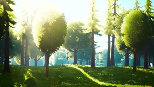 Cartoon Green Forest Landscape with Trees and Flowers