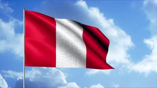 Dynamic Waving Flag of Peru Against a Blue Sky