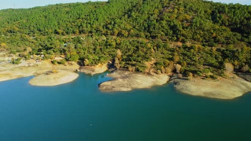 The lake of Saint-Cassien in septembre 2022 during the drought in France seen from the sky