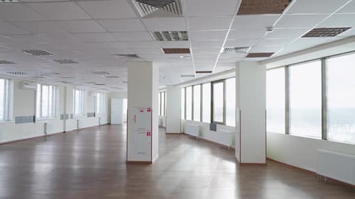 Workspace the Interior of Empty Office Space with Panoramic Windows a Walk Through the Office Space