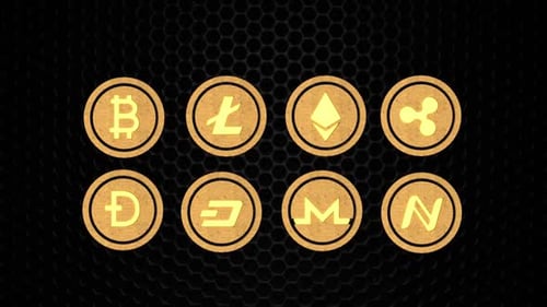 Golden Cryptocurrency Coins Rotating 3D Animation