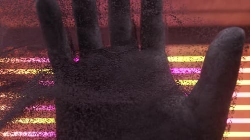 Eine menschliche Steinhand, die Millionen von Partikelströmen in einem zukünftigen Science-Fiction-Raum mit modernem Neon emittiert