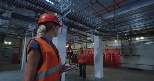 Engineers Inspecting Overhead Wiring in Industrial Location
