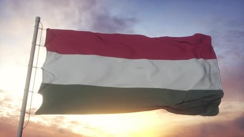 Hungary Flag Waving Against Golden Sunset Sky