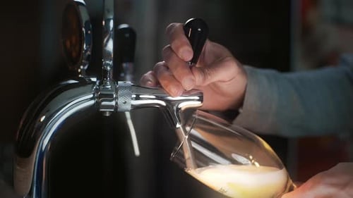Man Pours Draft Beer into Glass at Bar