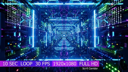 Neon Futuristic Cyber Tunnel Loop with Digital Code Stream