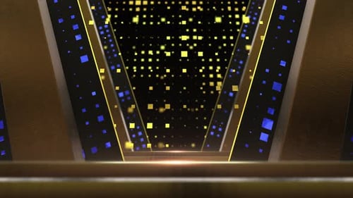 Stair Stage Glitter 1 Eleganter Goldpartikel-Tunnel für Musikshows, blaue Schleife, 4K