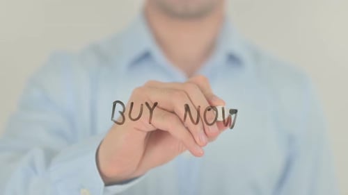 Buy Now, Man Writing on Transparent Screen