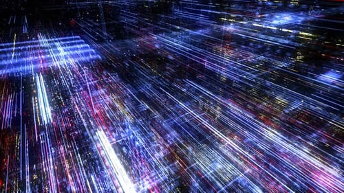 Abstract digital virtual city with technology and connection. 3D render 4K loop