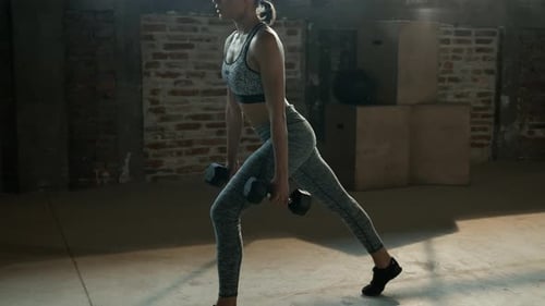 Workout. Fitness woman doing leg exercise with dumbbell at gym