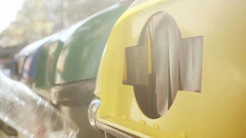 Hand Discards Plastic Bottle into Recycling Bin