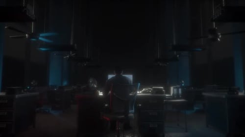 Dark Corporate Office Scene with Glitching Digital Screen