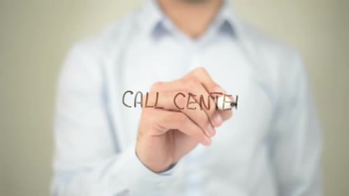 Call Center, Businessman Writing on Transparent Screen