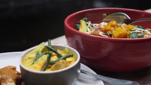 Close Up of Healthy Vegan Lunch of Curry Bowl Rice and Soya Meat