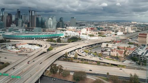Scenic Downtown Los Angeles Aerial View. Busy Highway Overhead Drone View