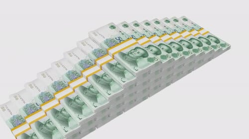 Many wads of money. 50 Chinese Yuan banknotes. Stacks of money.