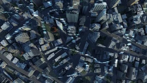 City Buildings With Digital Data And Information 4K (Top View)