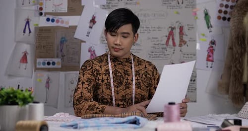 Portrait of fashion designer man checking the quality and design