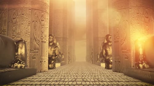 Golden Egyptian Temple Path with Hieroglyphic Columns and Sphinxes
