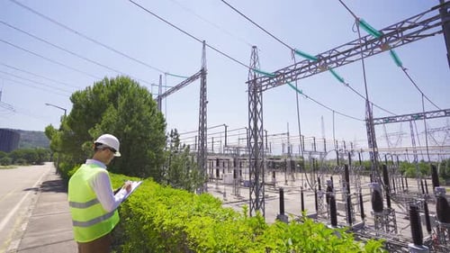 Engineer Inspecting High Voltage Electrical Substation