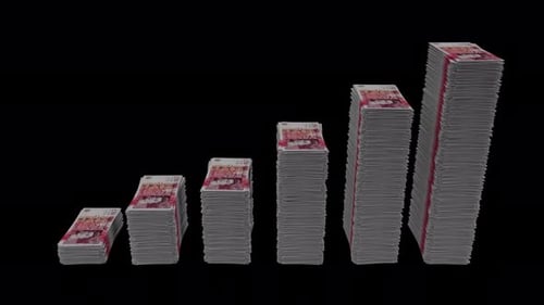 Los billetes de 50 libras esterlinas, las pilas de dinero suben y bajan