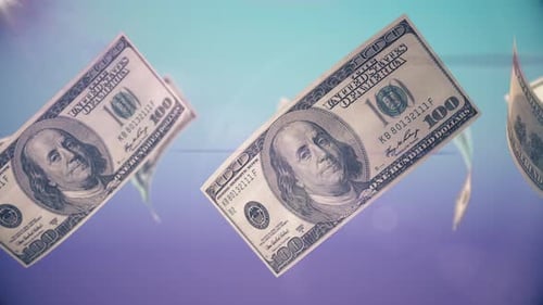 Hundred Dollar Bills Falling Animation with Lens Flare Background