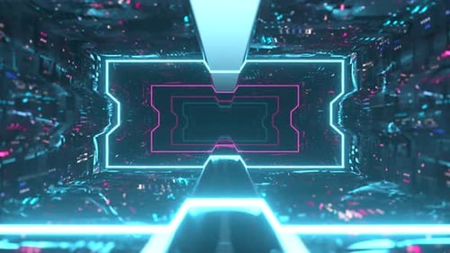 Futuristic Animation of Flying Through a Blue Tunnel with Neon Lights