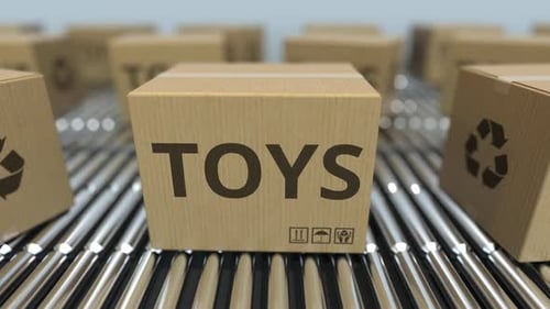 Animated Cardboard Boxes Labeled Toys on a Conveyor Belt