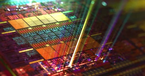 Abstract hologram 3D silicon CPU with futuristic matrix.