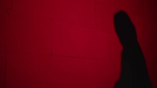 Creepy Death Silhouette Killing Victim with Axe on Red Background