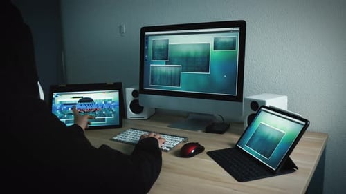 Unerkennbarer Hacker mit Kapuze programmiert einen Virus an seinem Arbeitsplatz, um Zugriff auf andere Computer zu erhalten