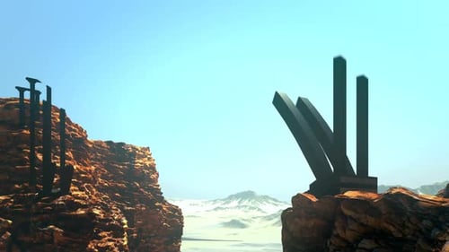 Animación conceptual de la construcción de un puente que se extiende sobre dos colinas opuestas.
HD