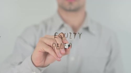 Man Writing Equity Release on Transparent Screen