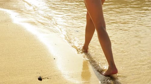 Slender Legs of a Woman Walking on the Beach’s Coastline