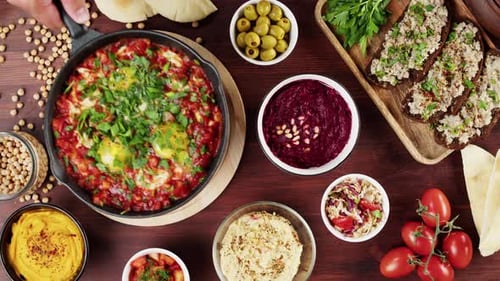 Delicious Colorful Food Overhead Shot with Cooked Shakshuka