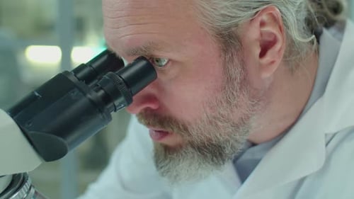 Scientist Using Microscope in a Lab, Close Up